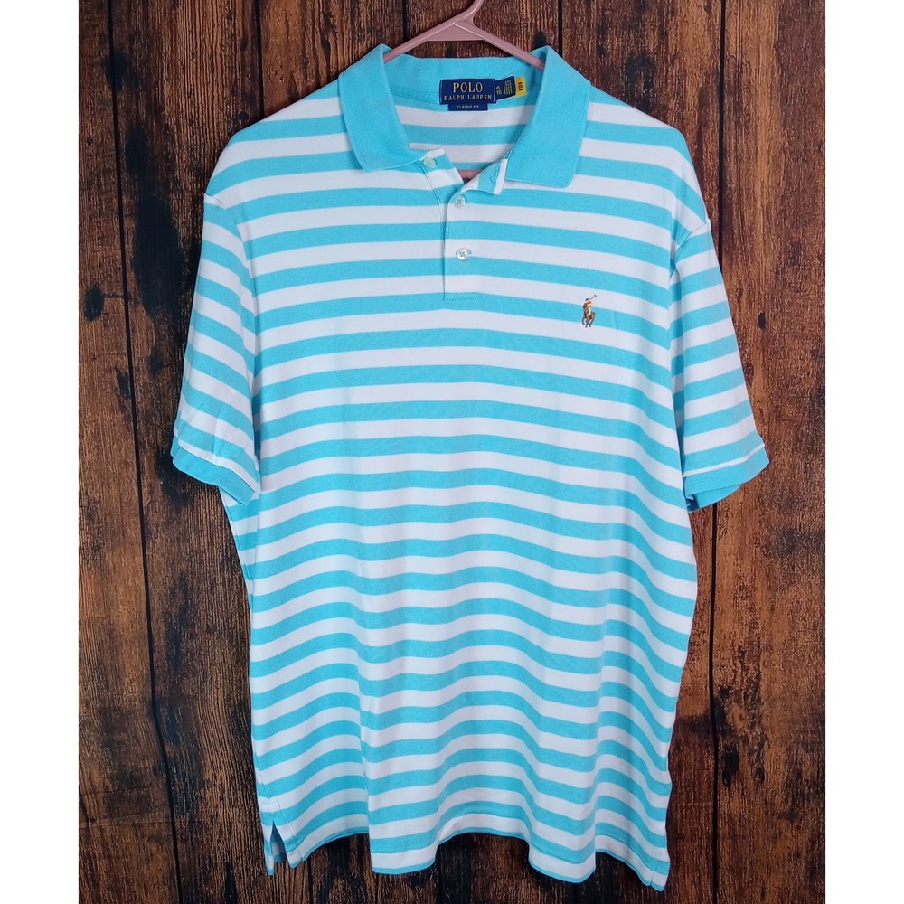Polo Ralph Lauren Mens XL Classic Fit Striped Polo Shirt Blue White Cotton